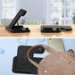 Black phone stand on a wooden surface with a blurred background, followed by a close-up of a phone in a brown handbag.