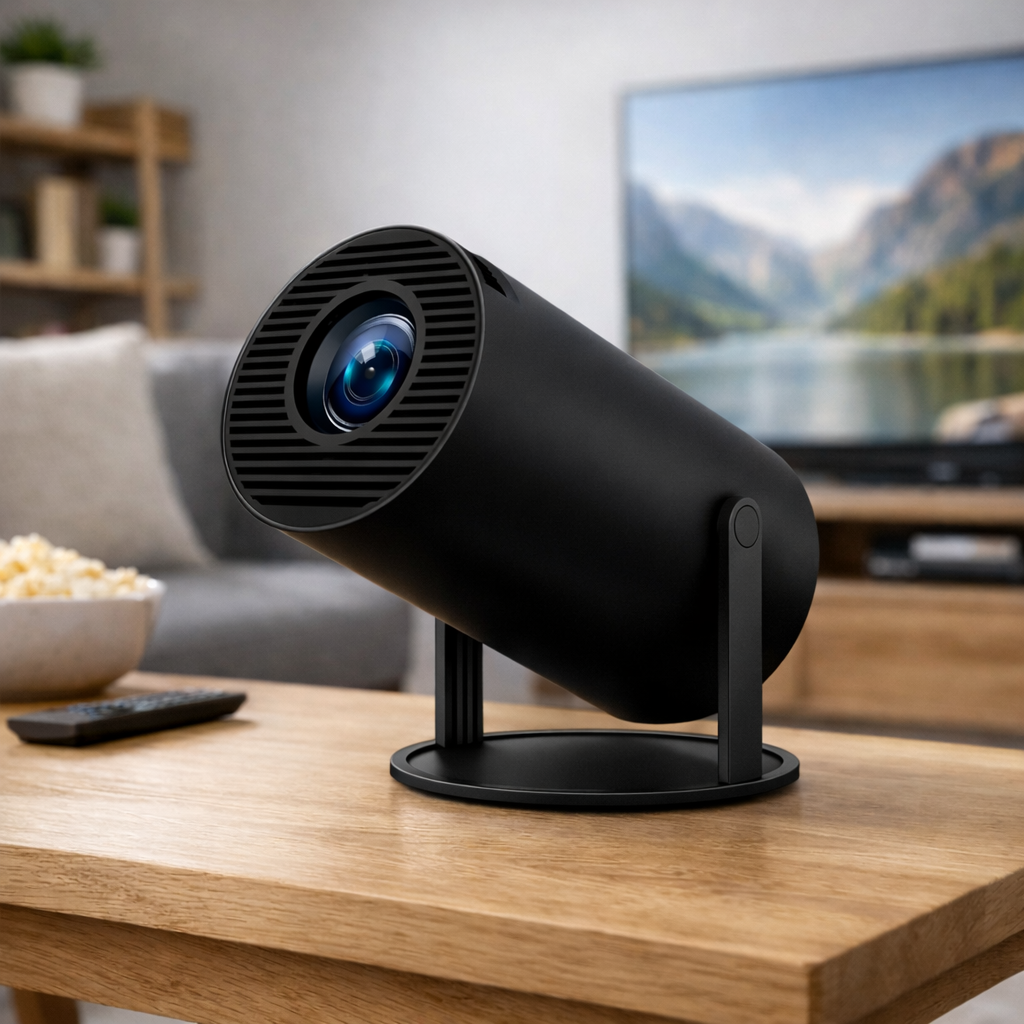 Black portable projector on a wooden table with a blurred TV in the background