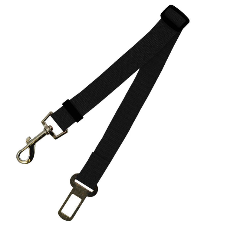 Black seat belt with a metal clip on a white background