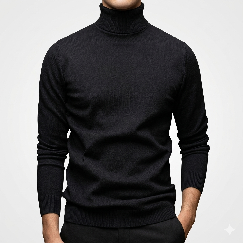 Black turtleneck sweater worn by a person on a light gray background