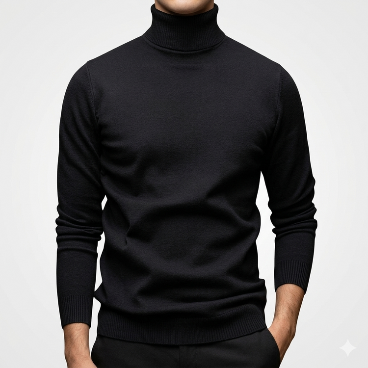 Black turtleneck sweater worn by a person on a light gray background