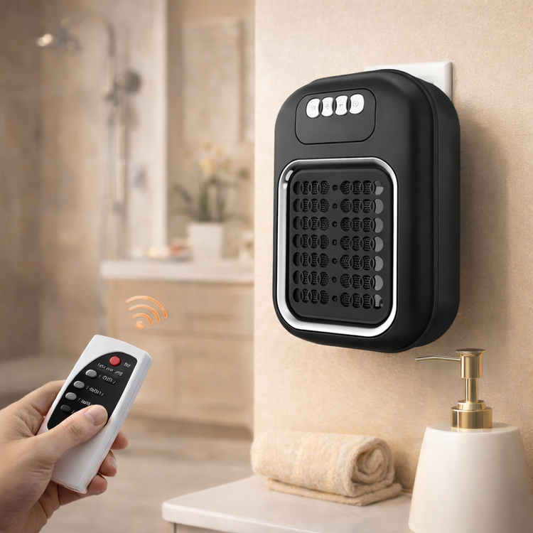 Black wall-mounted electronic device with remote control in a bathroom setting