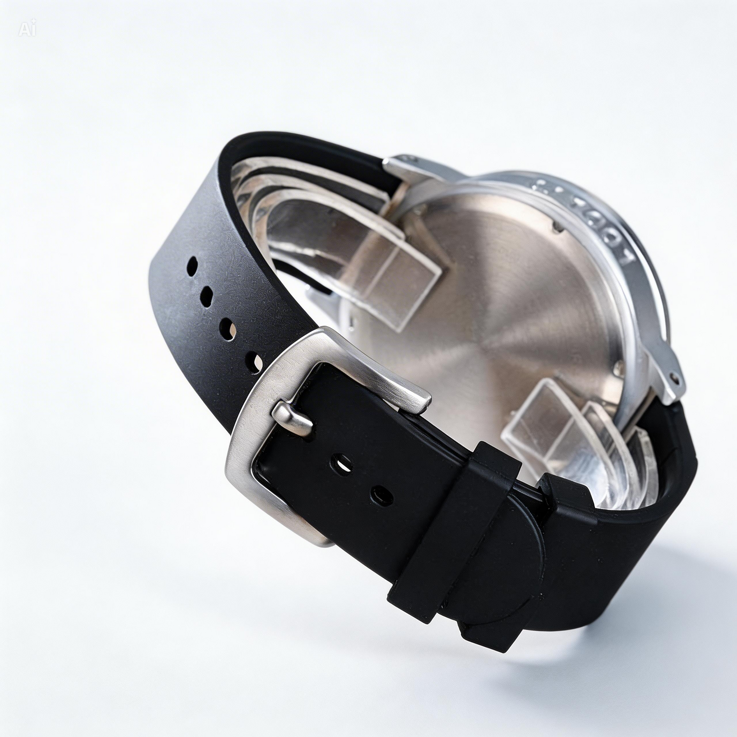 Black watch with a metallic face on a white background