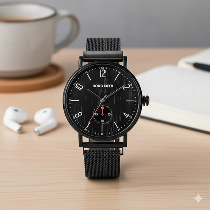 Black watch with mesh band on a wooden surface with a cup and earbuds in the background