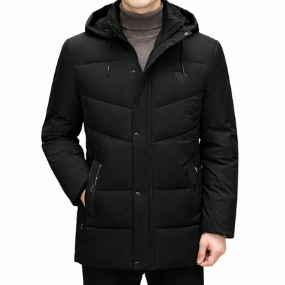 Black winter coat with a hood on a white background