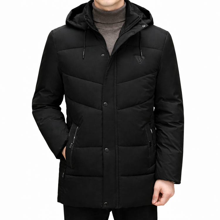 Black winter coat with a hood on a white background