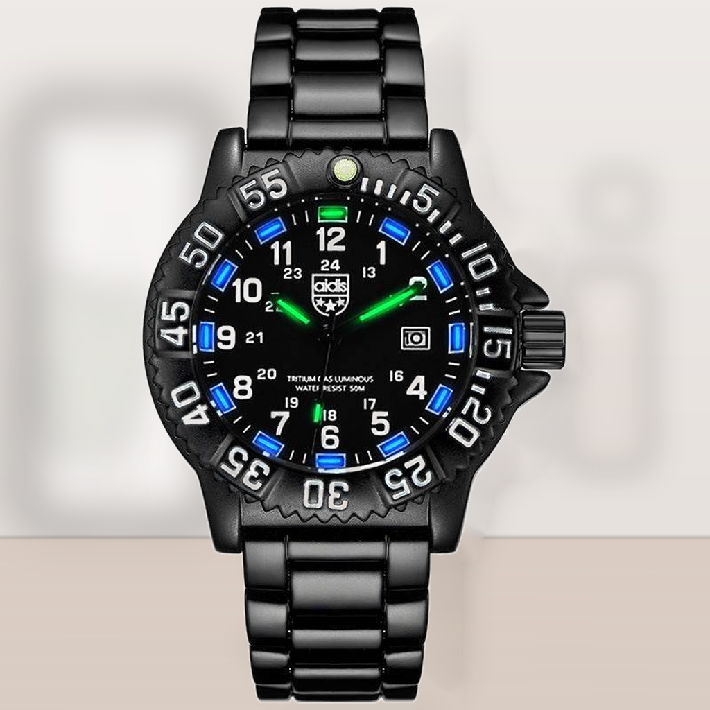 Black wristwatch with blue and green accents on a light gray background