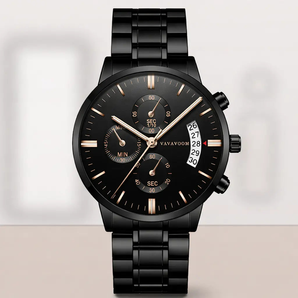 Men's stainless steel quartz watch with calendar, black dial and black bracelet, front view