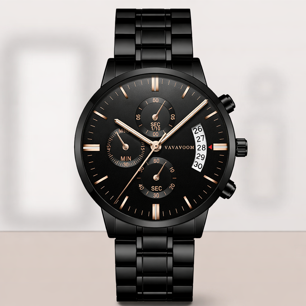 Black wristwatch with detailed face on a light background