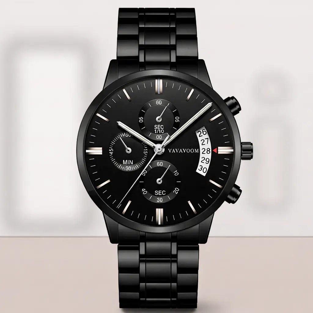 Black wristwatch with detailed face on a light gray background