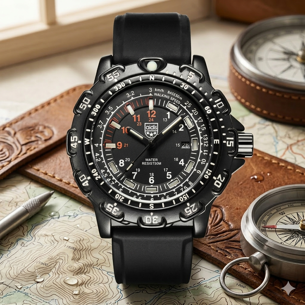 Black wristwatch with detailed face on a map with compasses