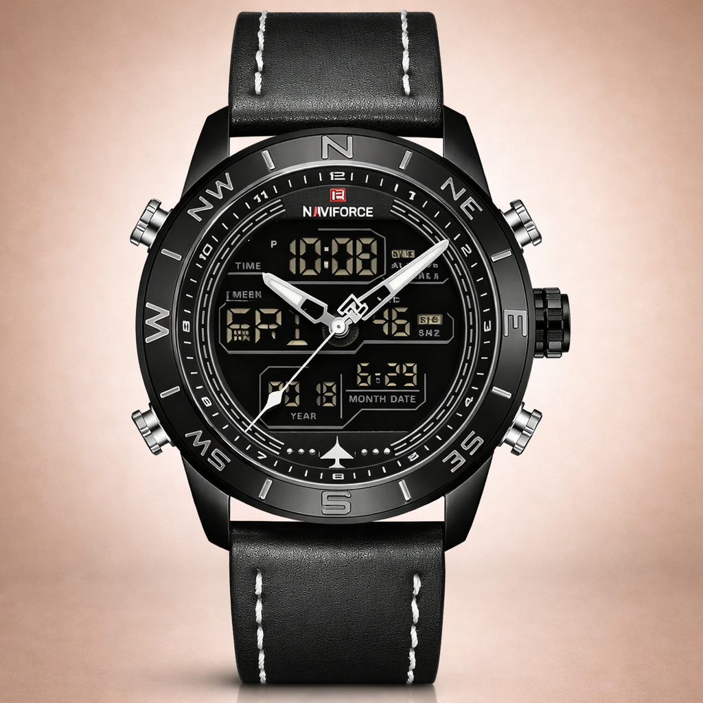 Black wristwatch with digital display on a beige background