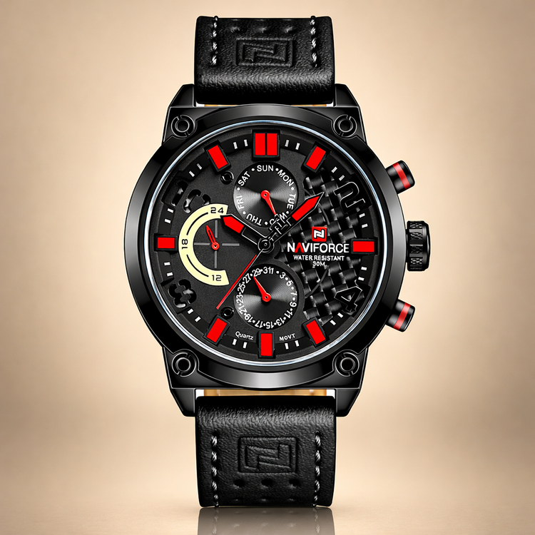 Black wristwatch with red accents on a beige background
