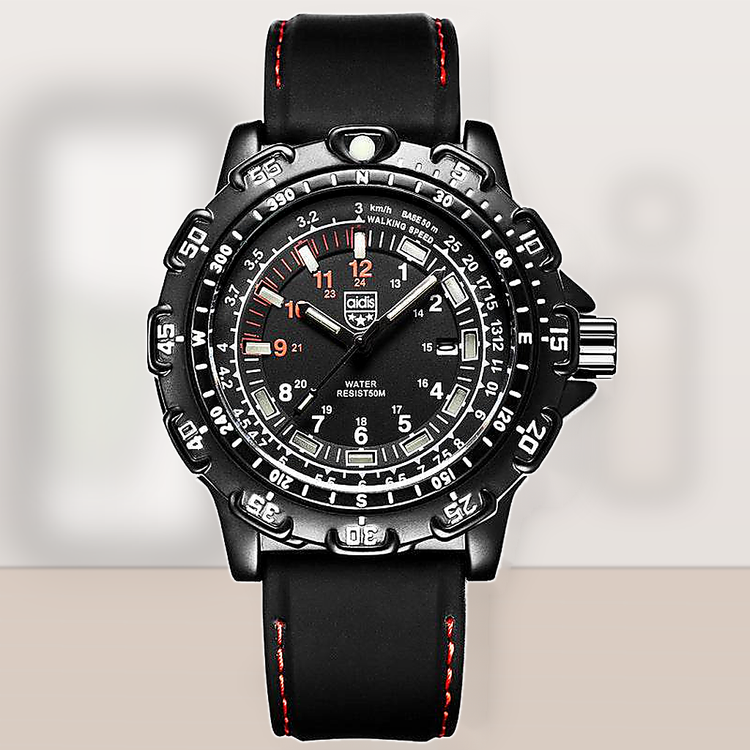 Black wristwatch with red accents on a light gray background