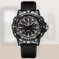 Black wristwatch with red accents on a light gray background