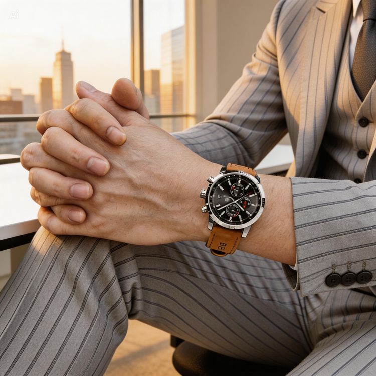 Blue and rose gold watch on a marble surface with a blurred kitchen background