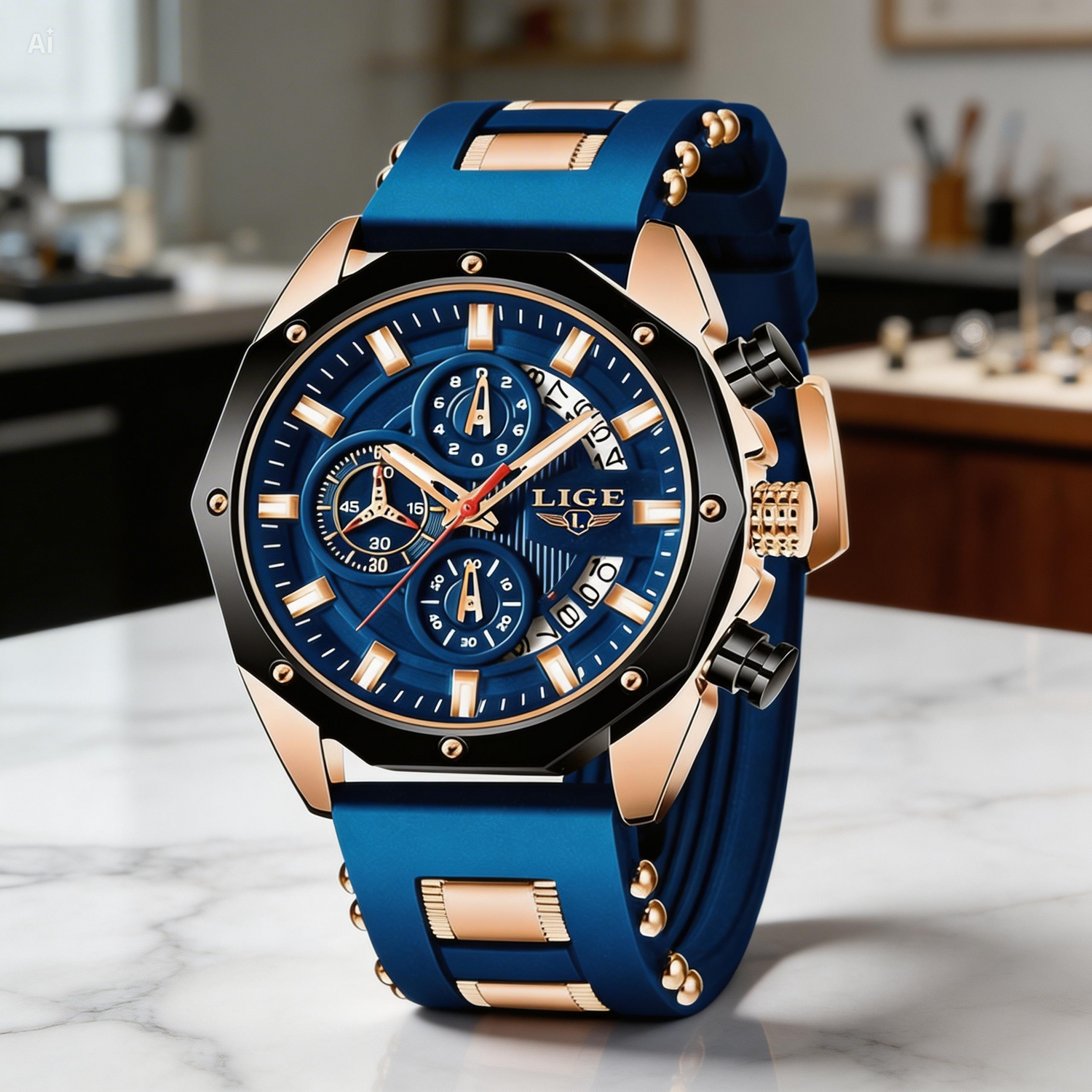 Blue and rose gold watch on a marble surface with a blurred kitchen background