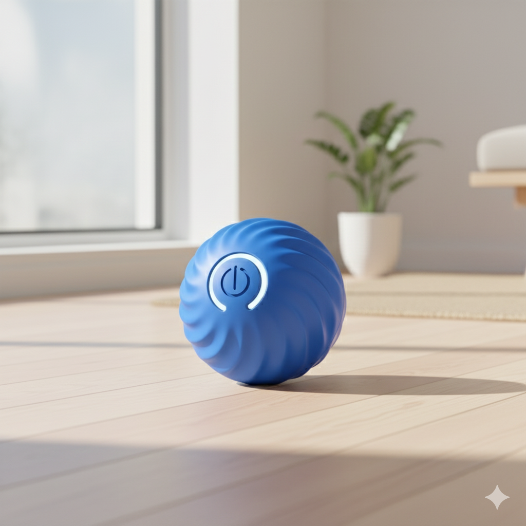 Blue ball with a power symbol on a wooden surface near a window