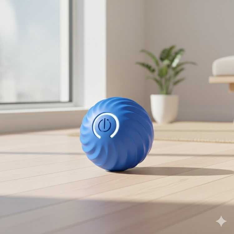 Blue ball with a power symbol on a wooden surface near a window
