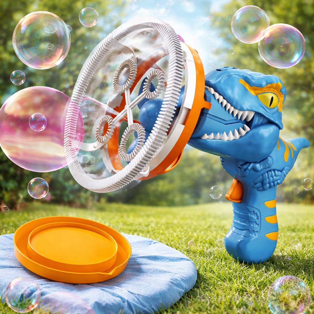 Blue dinosaur-shaped bubble gun with a transparent bubble wheel, surrounded by bubbles on grass.