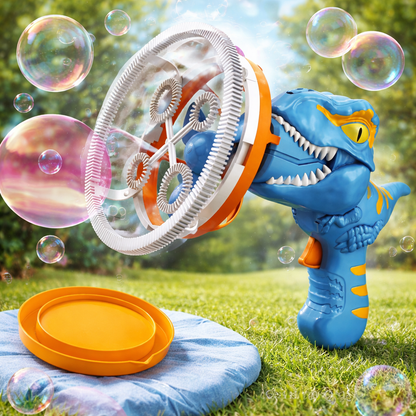 Blue dinosaur-shaped bubble gun with a transparent bubble wheel, surrounded by bubbles on grass.
