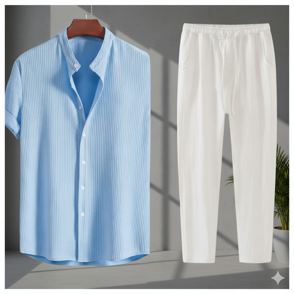Blue striped shirt and white pants on a gray background