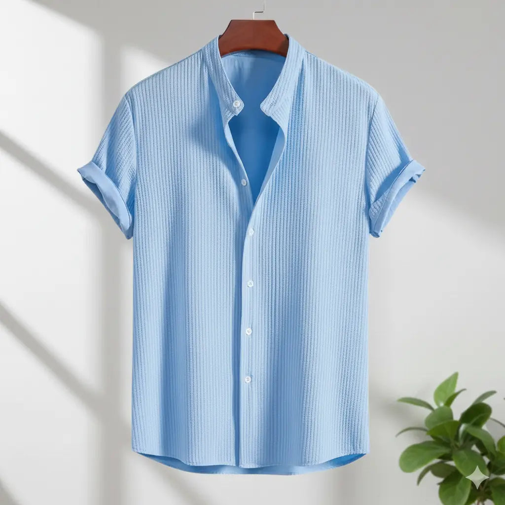 Blue striped shirt on a hanger with a plant in the corner