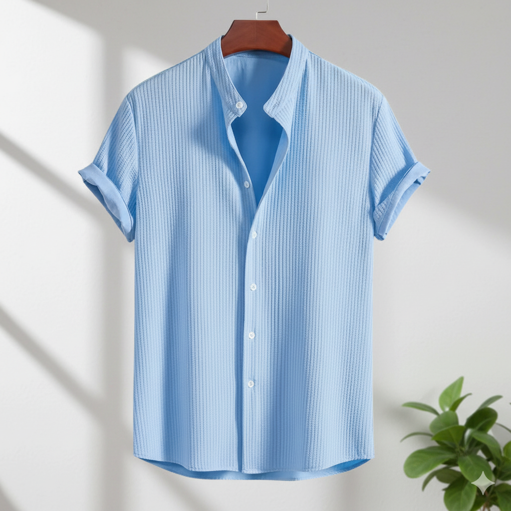 Blue striped shirt on a hanger with a plant in the corner