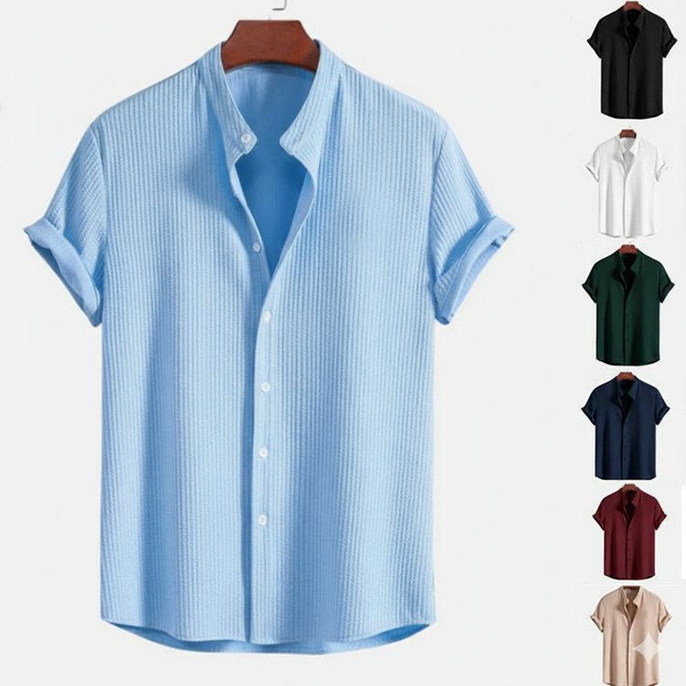 Blue striped shirt on a hanger with color options displayed below.