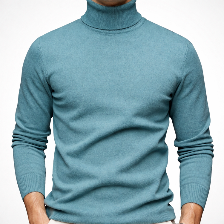 Blue turtleneck sweater on a plain background