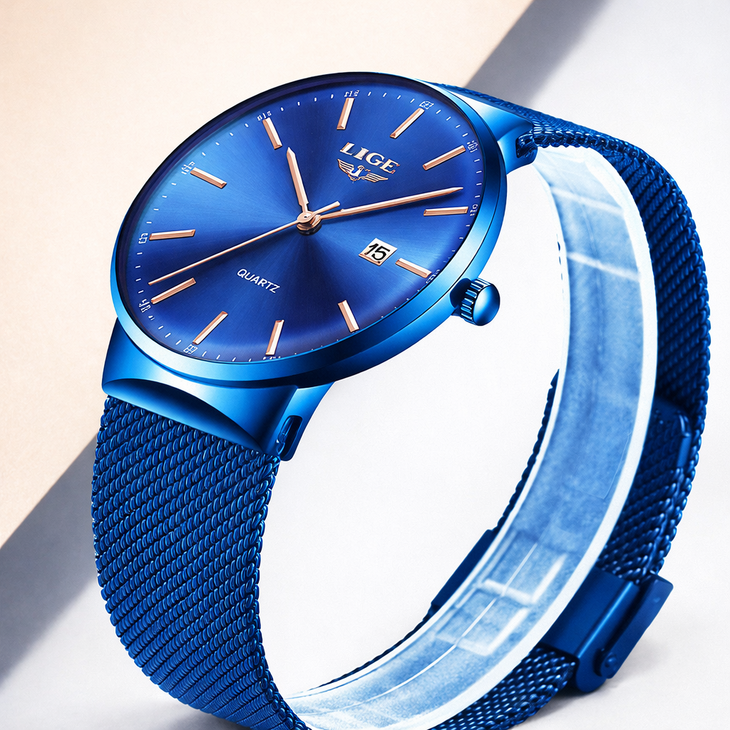 Blue watch with mesh band on a light background