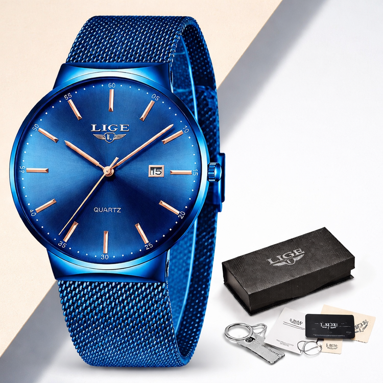 Blue watch with rose gold accents and LIGE packaging on a light background