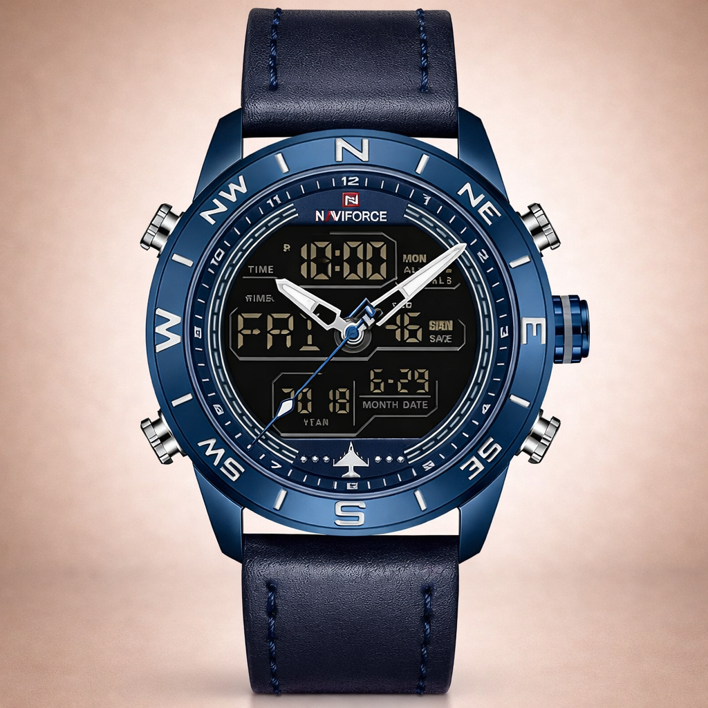 Blue wristwatch with digital display on a beige background