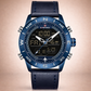 Blue wristwatch with digital display on a beige background