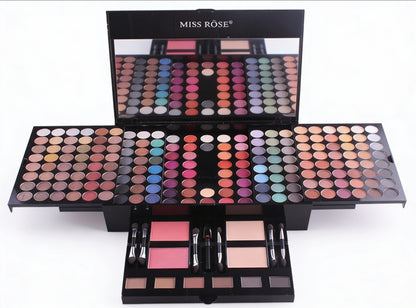 Blushes & Bronzers Face Makeup palette displayed open, featuring a large multi-tier black case with mirror, multiple rows of blush, bronzer, and eyeshadow pans in a wide range of nude, pink, coral, and vibrant shades, along with built-in applicator brushes.