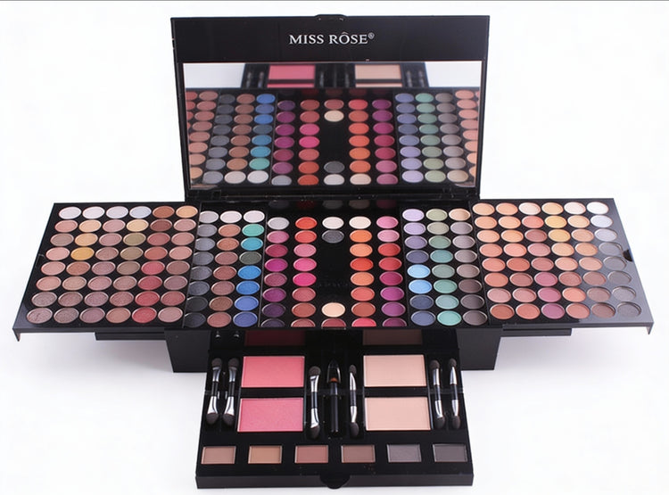 Blushes & Bronzers Face Makeup palette displayed open, featuring a large multi-tier black case with mirror, multiple rows of blush, bronzer, and eyeshadow pans in a wide range of nude, pink, coral, and vibrant shades, along with built-in applicator brushes.