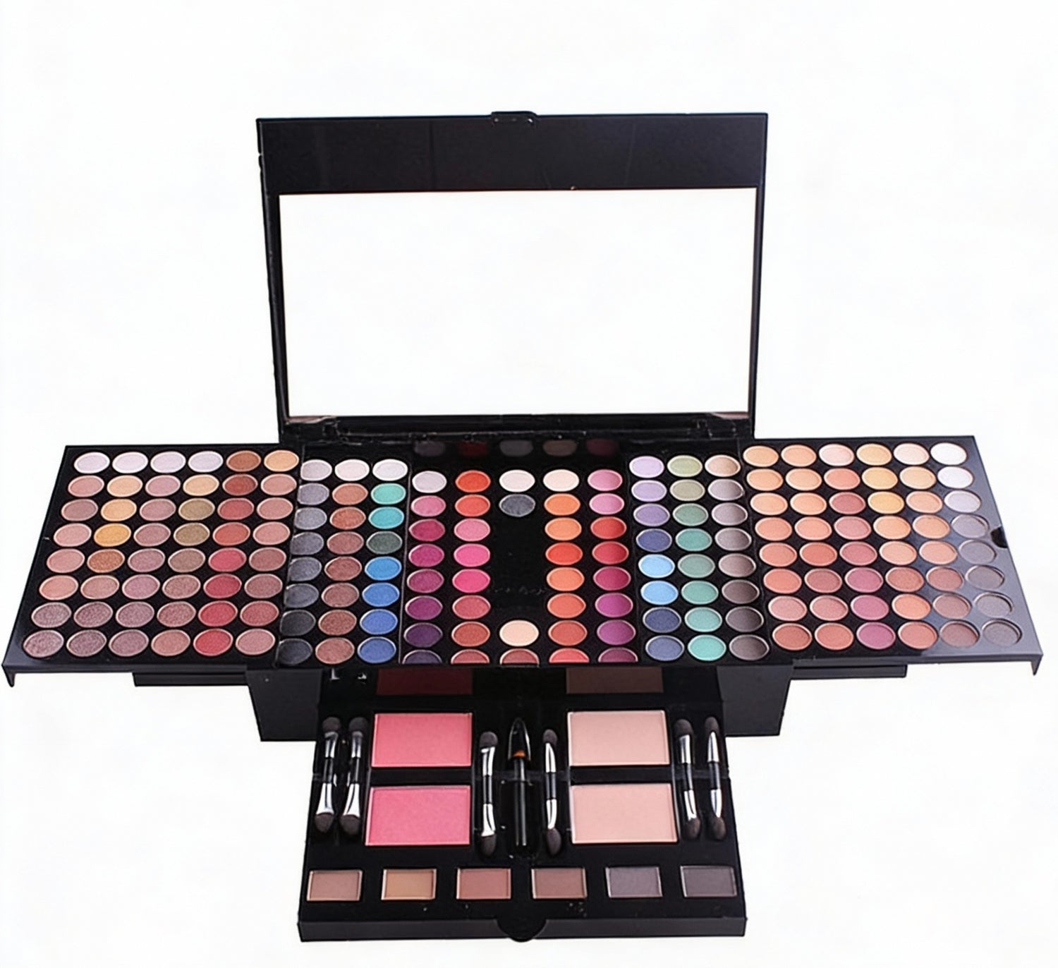 Blushes & Bronzers Face Makeup palette displayed open, featuring a large multi-tier black case with mirror, multiple rows of blush, bronzer, and eyeshadow pans in a wide range of nude, pink, coral, and vibrant shades, along with built-in applicator brushes.