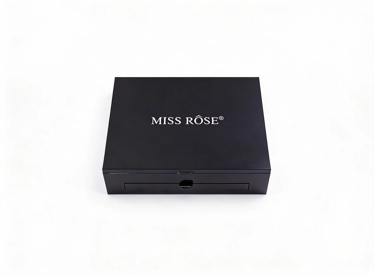 Blushes & Bronzers Face Makeup palette shown closed, featuring a sleek square black case with a matte finish and the “MISS RÔSE” logo centered on the lid.