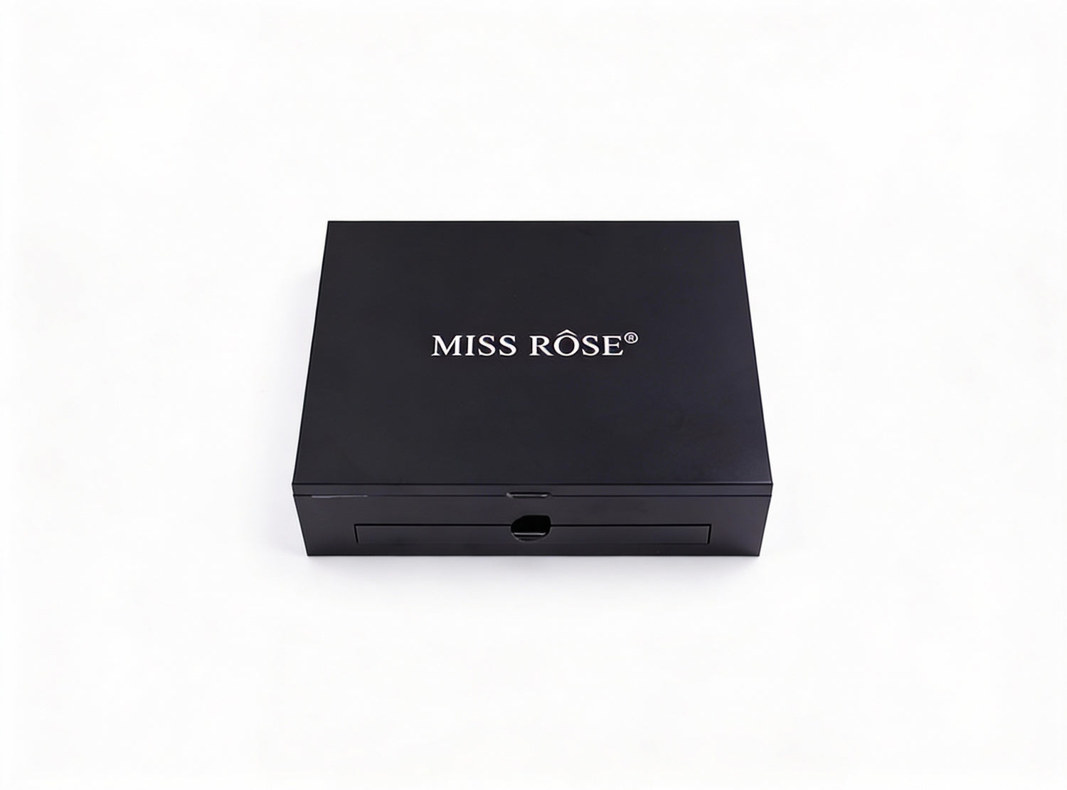 Blushes & Bronzers Face Makeup palette shown closed, featuring a sleek square black case with a matte finish and the “MISS RÔSE” logo centered on the lid.