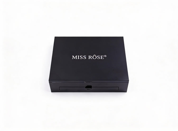 Blushes & Bronzers Face Makeup palette shown closed, featuring a sleek square black case with a matte finish and the “MISS RÔSE” logo centered on the lid.