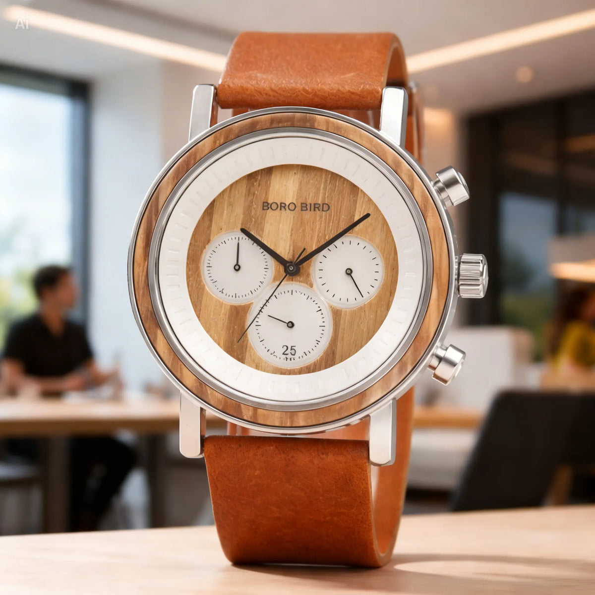 Chronograph men's watch with zebra wood band, light wood face and brown leather strap on display stand.