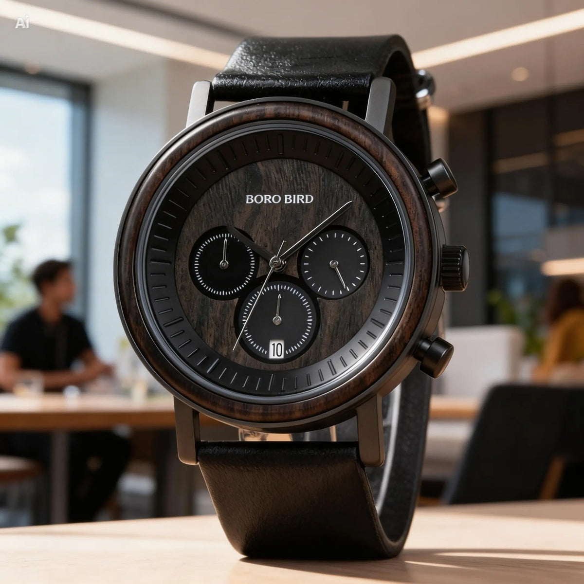 Chronograph men's watch with zebra wood band, dark wood face and black leather strap displayed on stand.