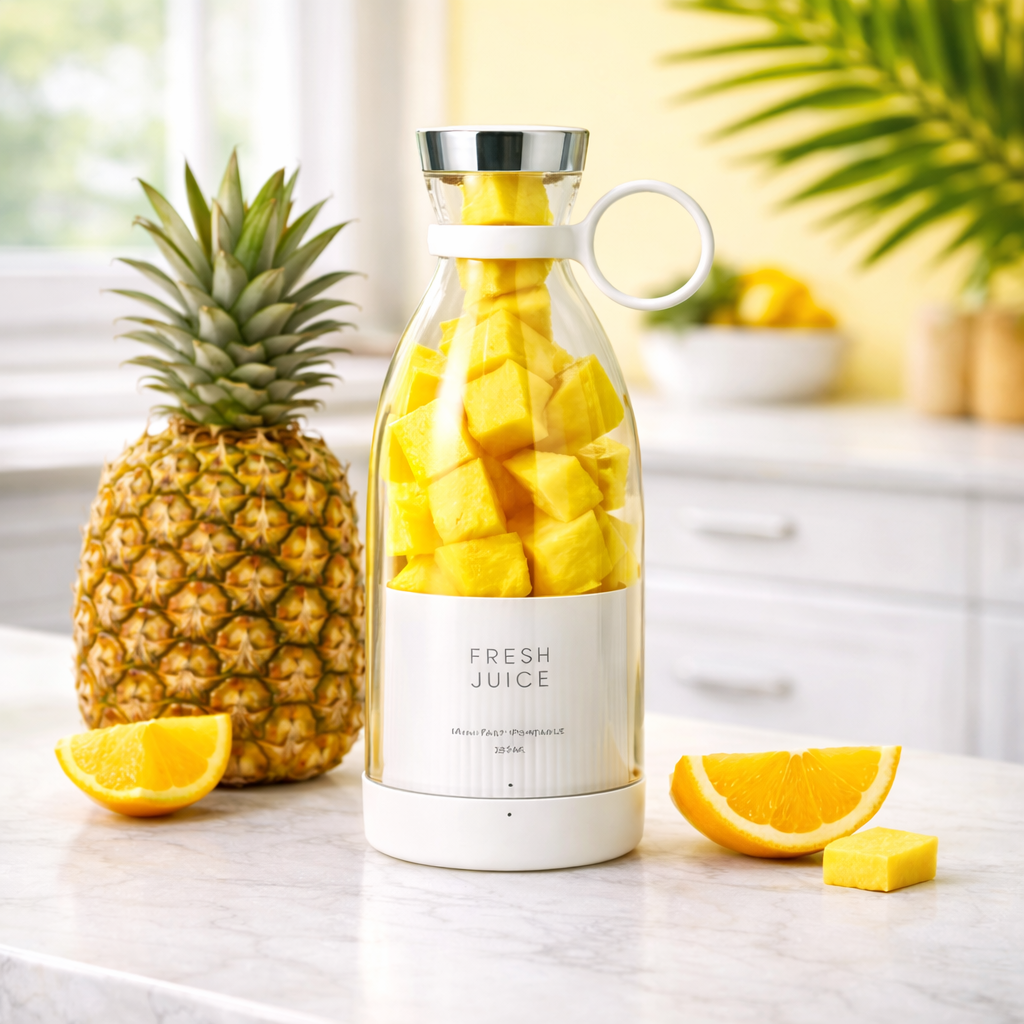 Bottle filled with pineapple chunks on a kitchen counter with a pineapple and lemon slices. BLEDER