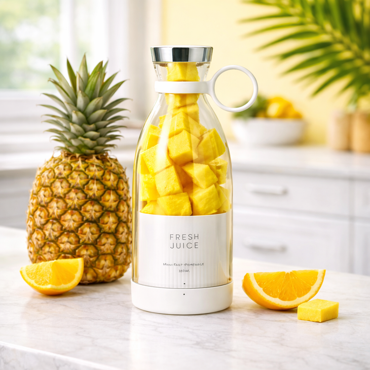 Bottle filled with pineapple chunks on a kitchen counter with a pineapple and lemon slices. BLEDER