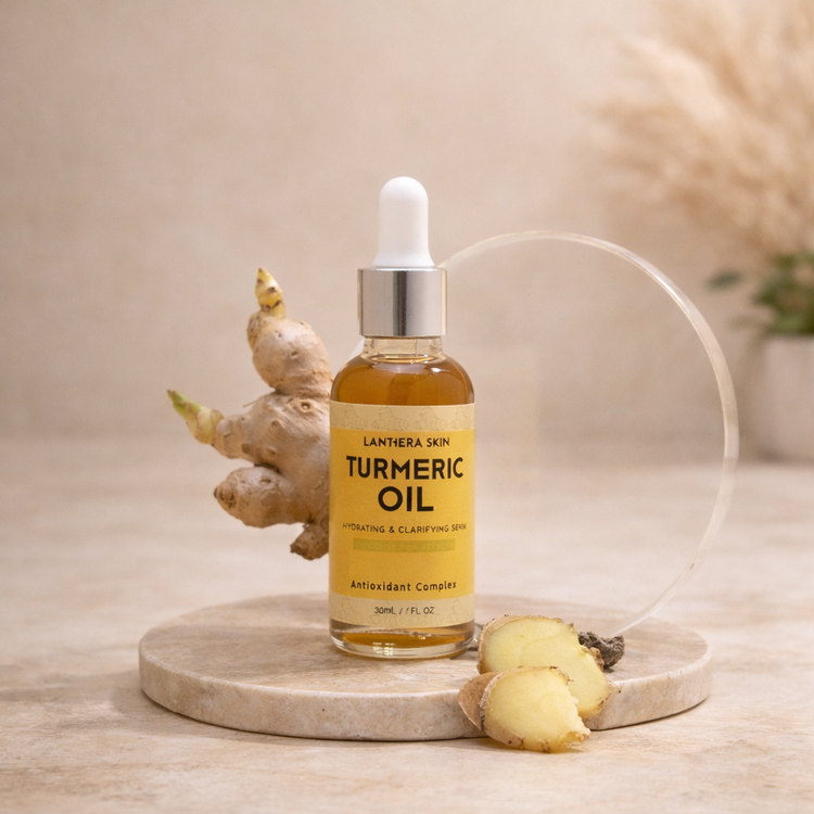 Bottle of Lanthera Skin Turmeric Oil with turmeric root on a wooden surface