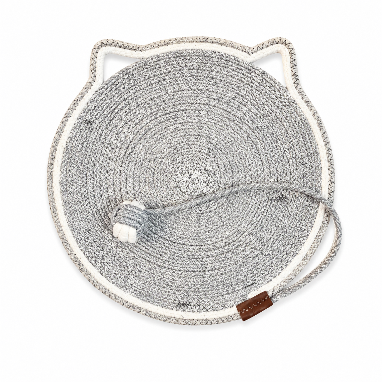 Round woven mat with a rope edge on a white background