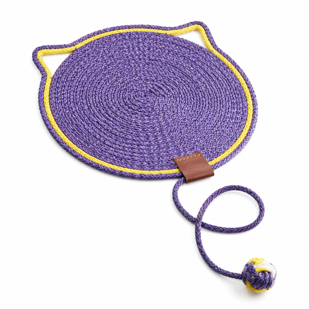 Purple and yellow dog toy with a ball on a white background
