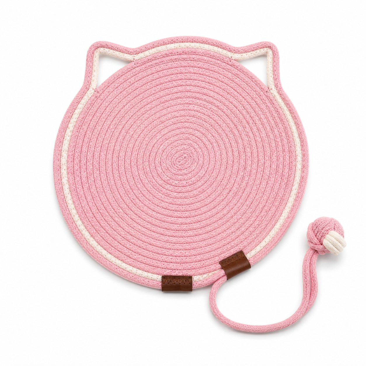 Pink and white rope toy with a cat-shaped handle on a white background