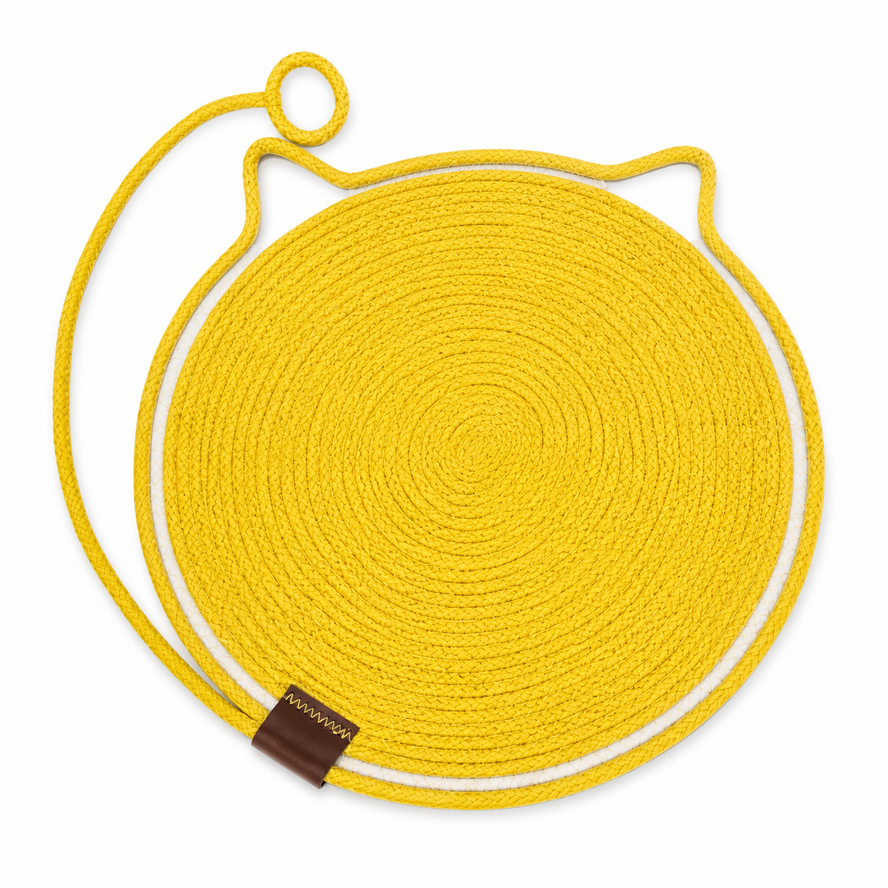 Yellow circular mat with a brown strap and logo on a white background