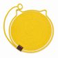 Yellow circular mat with a brown strap and logo on a white background